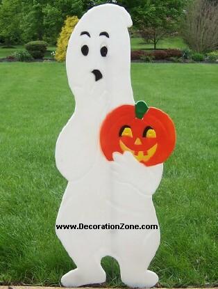 Halloween Ghost Holding a Pumpkin Lawn Plaque